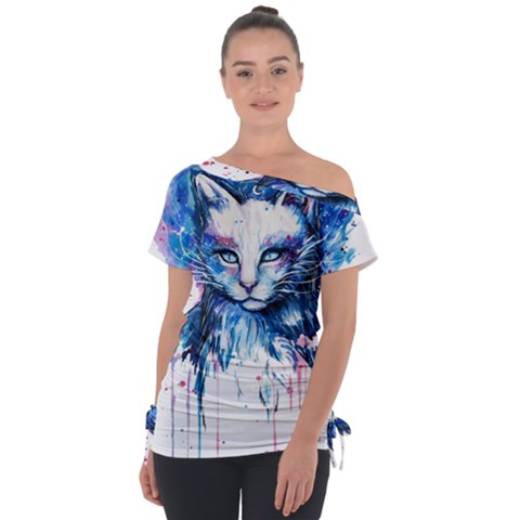 Cat Off Shoulder Tie-up T-shirt by saad11