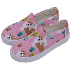 Corgi Bubble Boba Tea Pink Pattern Kids  Canvas Slip Ons by Cendanart