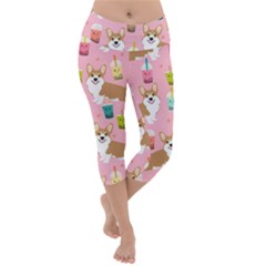Corgi Bubble Boba Tea Pink Pattern Lightweight Velour Capri Yoga Leggings by Cendanart