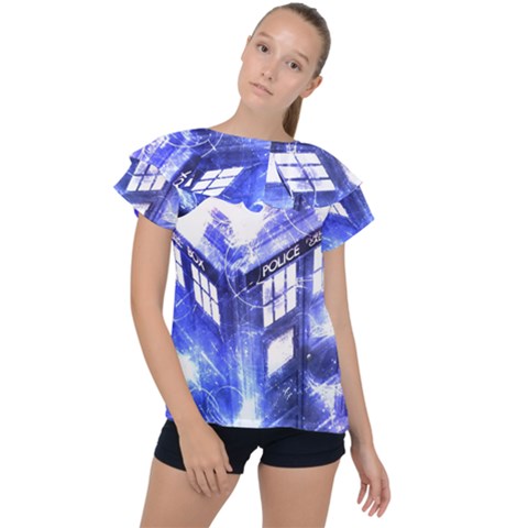 Tardis Doctor Who Blue Travel Machine Ruffle Collar Chiffon Blouse by Cendanart