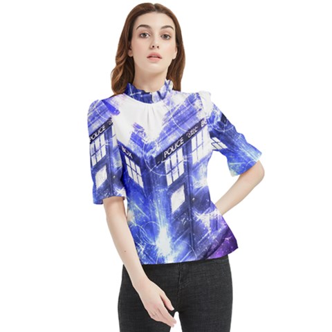Tardis Doctor Who Blue Travel Machine Frill Neck Blouse by Cendanart
