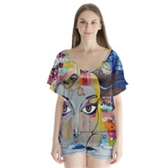 Graffiti Mural Street Art Painting V-neck Flutter Sleeve Top by Ket1n9