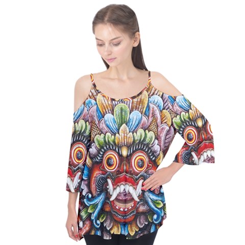 Wood Sculpture Bali Logo Flutter Sleeve T-shirt  by Ket1n9