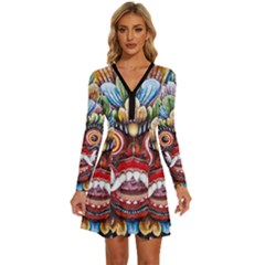 Wood Sculpture Bali Logo Long Sleeve Deep V Mini Dress  by Ket1n9