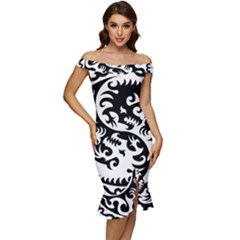 Ying Yang Tattoo Off Shoulder Ruffle Split Hem Bodycon Dress by Ket1n9