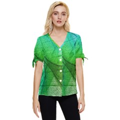 Sunlight Filtering Through Transparent Leaves Green Blue Bow Sleeve Button Up Top by Ket1n9