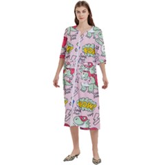Seamless Pattern With Many Funny Cute Superhero Dinosaurs T-rex Mask Cloak With Comics Style Inscrip Women s Cotton 3/4 Sleeve Night Gown by Ket1n9