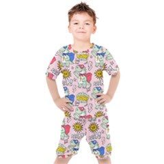 Seamless Pattern With Many Funny Cute Superhero Dinosaurs T-rex Mask Cloak With Comics Style Inscrip Kids  T-shirt And Shorts Set by Ket1n9