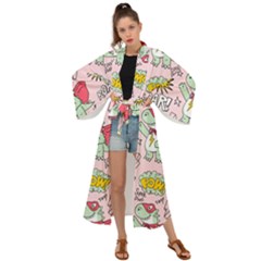 Seamless Pattern With Many Funny Cute Superhero Dinosaurs T-rex Mask Cloak With Comics Style Inscrip Maxi Kimono by Ket1n9