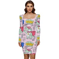 Seamless Pattern With Many Funny Cute Superhero Dinosaurs T-rex Mask Cloak With Comics Style Inscrip Women Long Sleeve Ruched Stretch Jersey Dress by Ket1n9