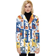 Mexican Talavera Pattern Ceramic Tiles With Flower Leaves Bird Ornaments Traditional Majolica Style Button Up Hooded Coat  by Ket1n9