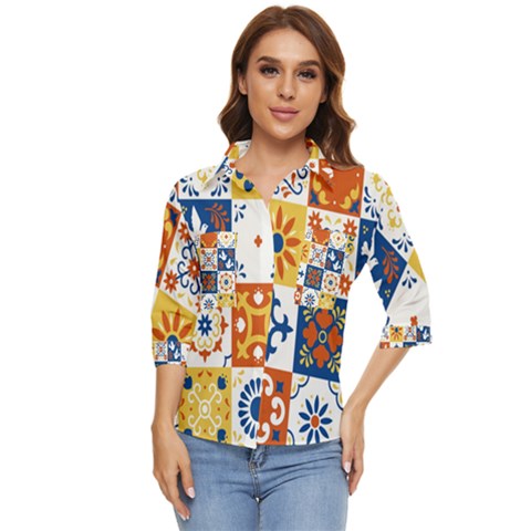 Mexican Talavera Pattern Ceramic Tiles With Flower Leaves Bird Ornaments Traditional Majolica Style Women s Quarter Sleeve Pocket Shirt by Ket1n9