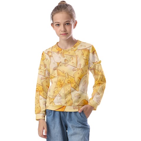 Cheese Slices Seamless Pattern Cartoon Style Kids  Long Sleeve T-shirt With Frill  by Ket1n9
