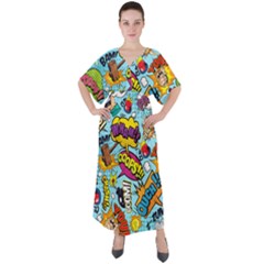 Comic Elements Colorful Seamless Pattern V-neck Boho Style Maxi Dress by Hannah976