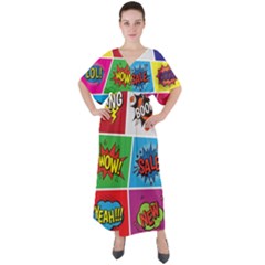 Pop Art Comic Vector Speech Cartoon Bubbles Popart Style With Humor Text Boom Bang Bubbling Expressi V-neck Boho Style Maxi Dress by Hannah976