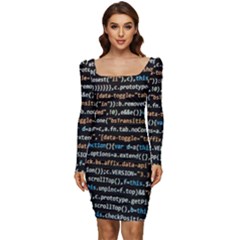 Close Up Code Coding Computer Women Long Sleeve Ruched Stretch Jersey Dress by Hannah976