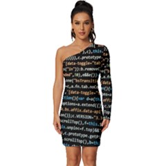 Close Up Code Coding Computer Long Sleeve One Shoulder Mini Dress by Hannah976