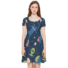 Seamless Pattern With Funny Alien Cat Galaxy Inside Out Cap Sleeve Dress by Ndabl3x