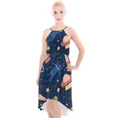 Seamless Pattern With Funny Alien Cat Galaxy High-low Halter Chiffon Dress  by Ndabl3x