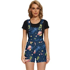 Seamless Pattern With Funny Alien Cat Galaxy Short Overalls by Ndabl3x