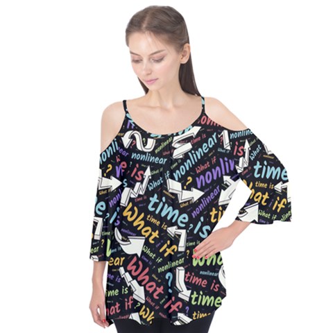 Time Nonlinear Curved Linear Flutter Sleeve T-shirt  by Paksenen