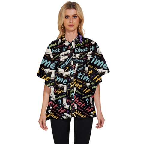 Time Nonlinear Curved Linear Women s Batwing Button Up Shirt by Paksenen
