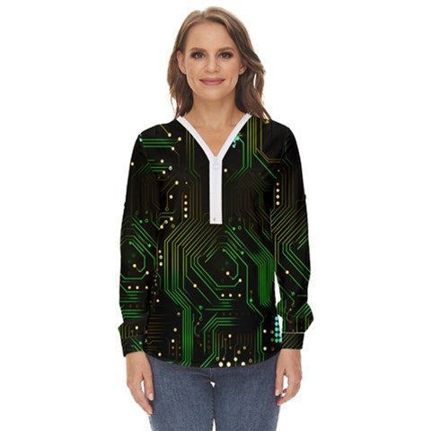 Circuits Circuit Board Green Technology Zip Up Long Sleeve Blouse by Ndabl3x