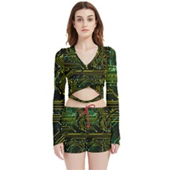 Circuits Circuit Board Yelow Velvet Wrap Crop Top And Shorts Set by Ndabl3x