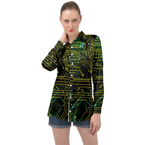 Circuits Circuit Board Yelow Long Sleeve Satin Shirt by Ndabl3x