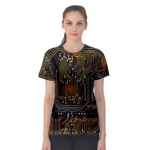 Circuits Circuit Board Orange Technology Women s Sport Mesh T-shirt by Ndabl3x