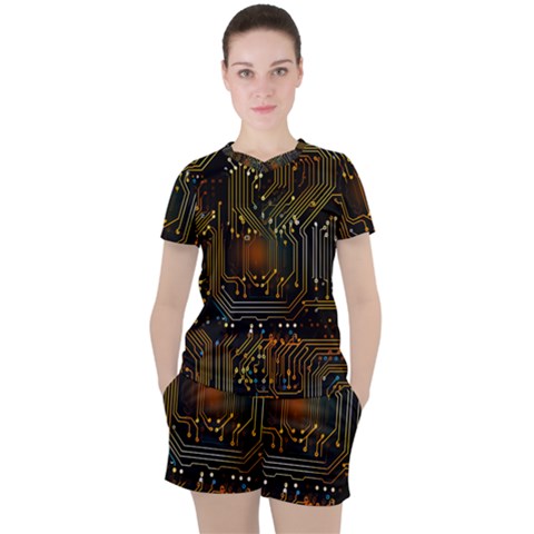 Circuits Circuit Board Orange Technology Women s T-shirt And Shorts Set by Ndabl3x