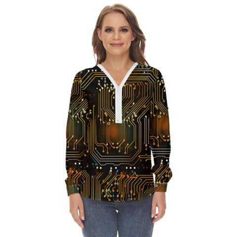 Circuits Circuit Board Orange Technology Zip Up Long Sleeve Blouse by Ndabl3x