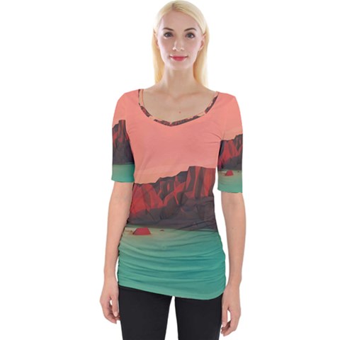 Brown Mountain Illustration Sunset Digital Art Mountains Wide Neckline T-shirt by Cendanart
