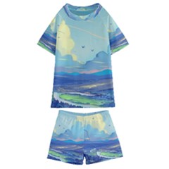 Mountains And Trees Illustration Painting Clouds Sky Landscape Kids  Swim T-shirt And Shorts Set by Cendanart