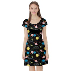 Black Space With Cute Rocket Short Sleeve Skater Dress