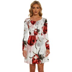 Ladybugs Pattern Texture Watercolor Long Sleeve Wide Neck Velvet Dress by Bedest
