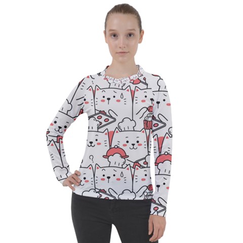 Cute Cat Chef Cooking Seamless Pattern Cartoon Women s Pique Long Sleeve T-shirt by Bedest