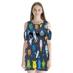 Big Set Cute Astronauts Space Planets Stars Aliens Rockets Ufo Constellations Satellite Moon Rover V Shoulder Cutout Velvet One Piece by Bedest