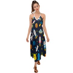 Big Set Cute Astronauts Space Planets Stars Aliens Rockets Ufo Constellations Satellite Moon Rover V Halter Tie Back Dress  by Bedest