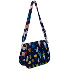Big Set Cute Astronauts Space Planets Stars Aliens Rockets Ufo Constellations Satellite Moon Rover V Saddle Handbag by Bedest