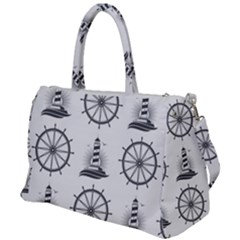 Marine Nautical Seamless Pattern With Vintage Lighthouse Wheel Duffel Travel Bag by Bedest