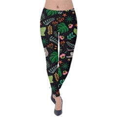 Floral Pattern With Plants Sloth Flowers Black Backdrop Velvet Leggings by Bedest