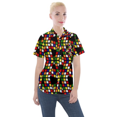 Graphic Pattern Rubiks Cube Women s Short Sleeve Pocket Shirt by Cendanart