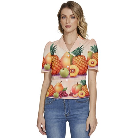 Fruit Pattern Apple Abstract Food Puffed Short Sleeve Button Up Jacket by Proyonanggan