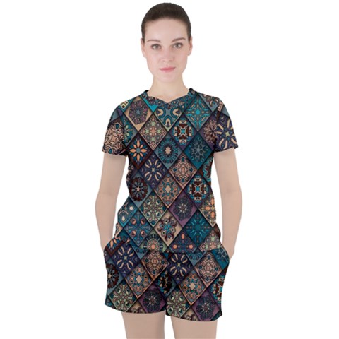 Flower Texture Background Colorful Pattern Women s T-shirt And Shorts Set by Cemarart
