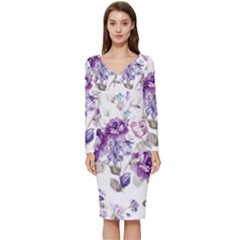 Flower-floral-design-paper-pattern-purple-watercolor-flowers-vector-material-90d2d381fc90ea7e9bf8355 Long Sleeve V-neck Bodycon Dress  by saad11