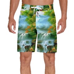 Paradise Forest Painting Bird Deer Waterfalls Men s Beach Shorts by Ndabl3x