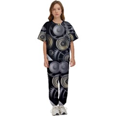 Abstract Style Gears Gold Silver Kids  T-shirt And Pants Sports Set by Cemarart