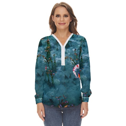 Fish Koi Carp Zip Up Long Sleeve Blouse by Cemarart