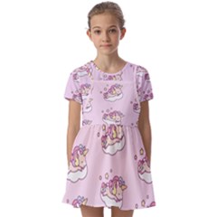 Unicorn Clouds Colorful Cute Pattern Sleepy Kids  Short Sleeve Pinafore Style Dress by Grandong
